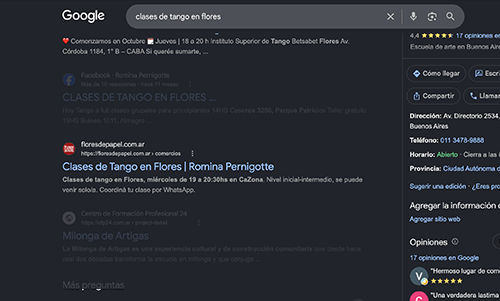 Clases de Tango en primera página de Google